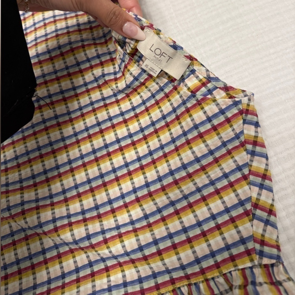 LOFT Multicolor Plaid Woven Cotton A-Line Dress Knee Length Ruffle XS - Picture 3 of 5
